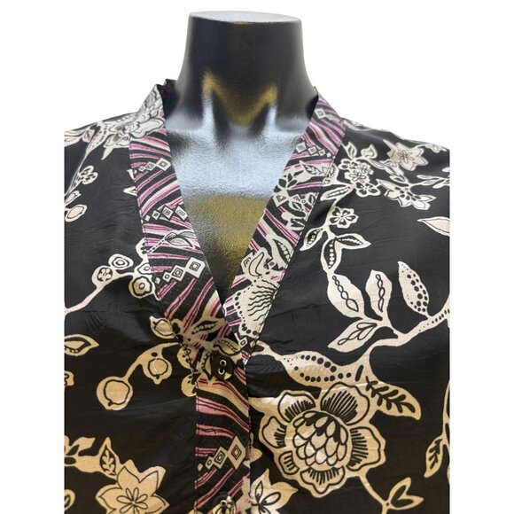 Johnny Was Black Floral Kimono Blouse With Fringe & Button Closure M - Picture 5 of 8
